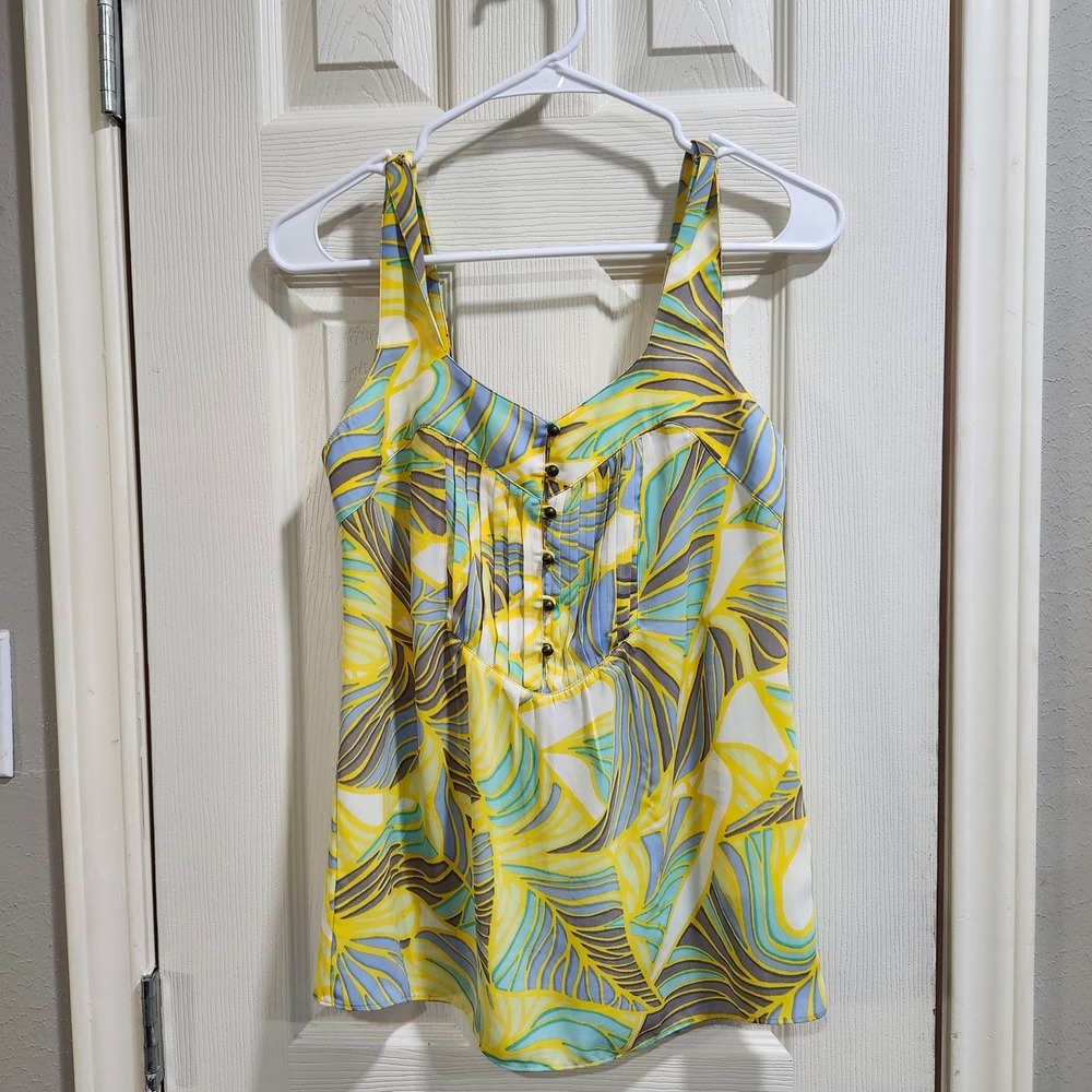 Banana Republic Tropical Palm Leaf‎ Print Pleated Button Front Blouse Yellow 0
